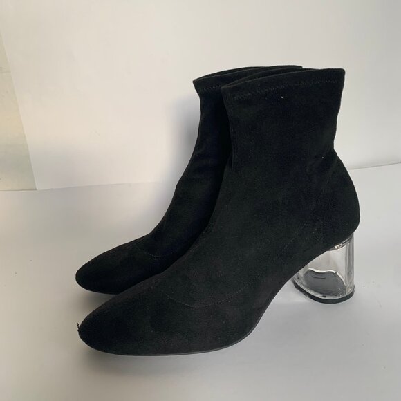 Zara Black Faux Suede Stretch Sock Boot with clear acrylic block heel - Size 40 - Picture 5 of 12